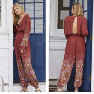 Anthropologie Breezy Open-Back Jumpsuit Size XSP Striped Floral Long Sleeve Boho